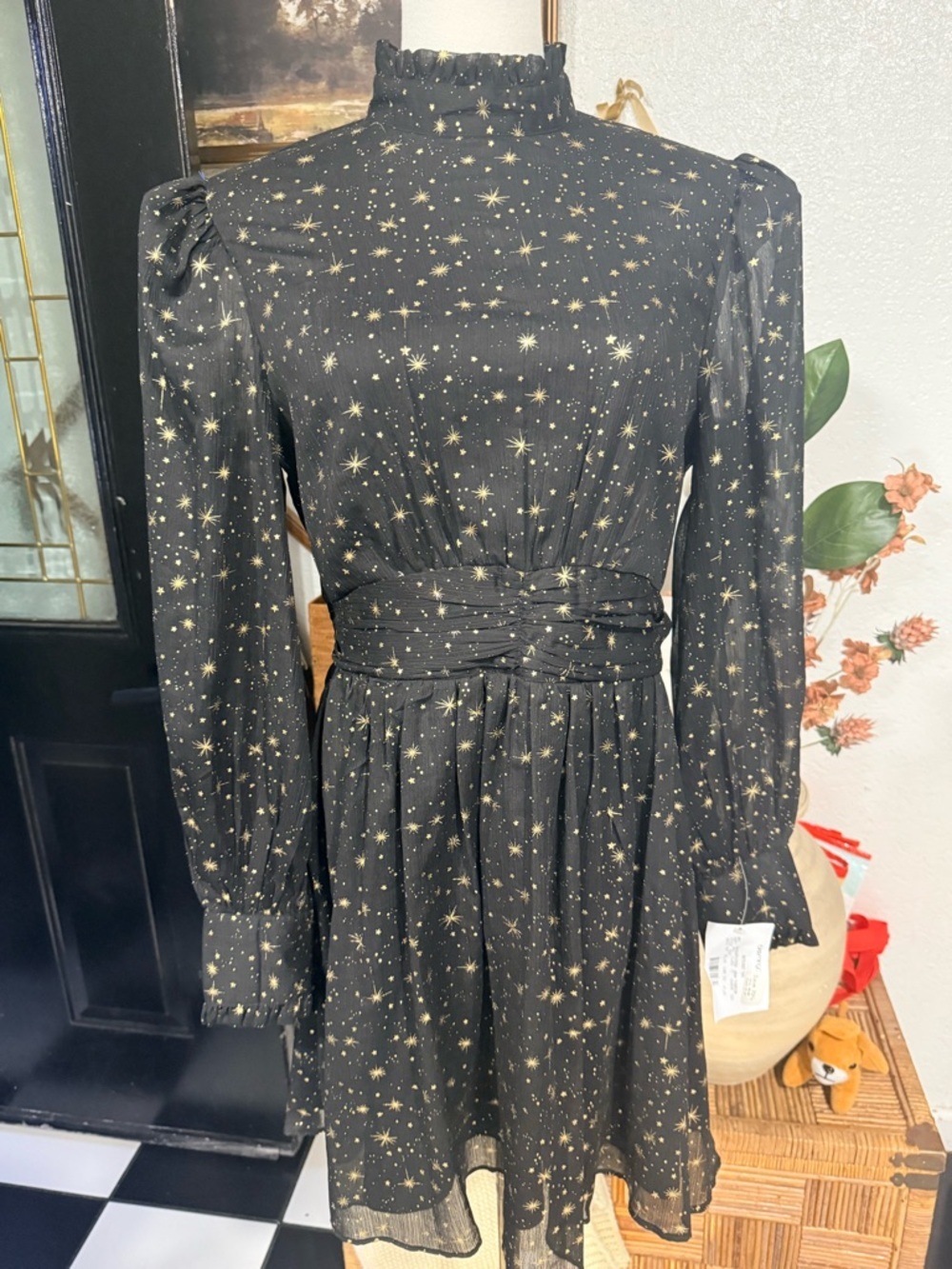 Aqua Black Dress with Gold Star Print Long Sleeve - Picture 2 of 5
